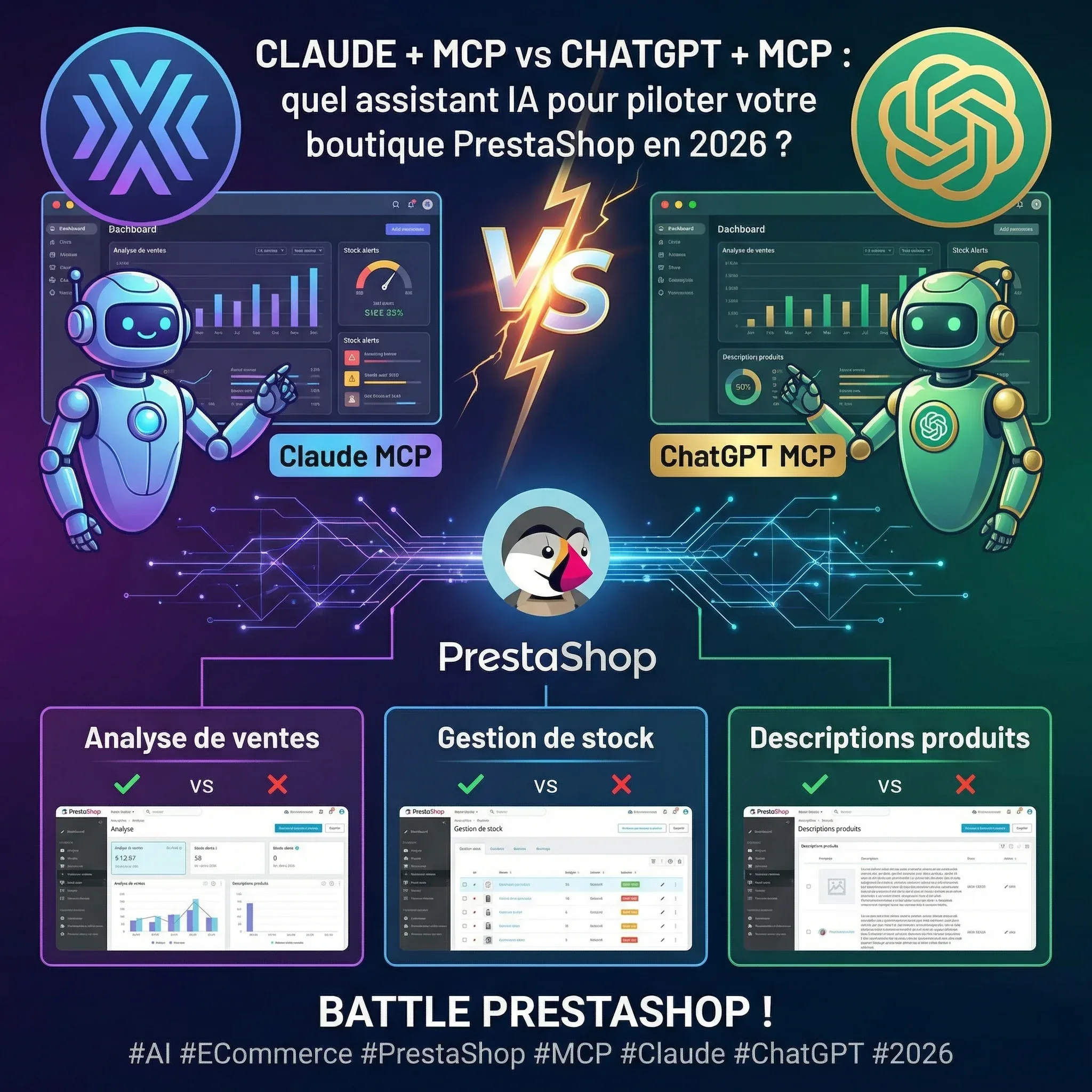 Claude + MCP Tools Plus vs ChatGPT + MCP Tools Plus : Quel assistant IA pour piloter votre boutique PrestaShop en 2026 ?