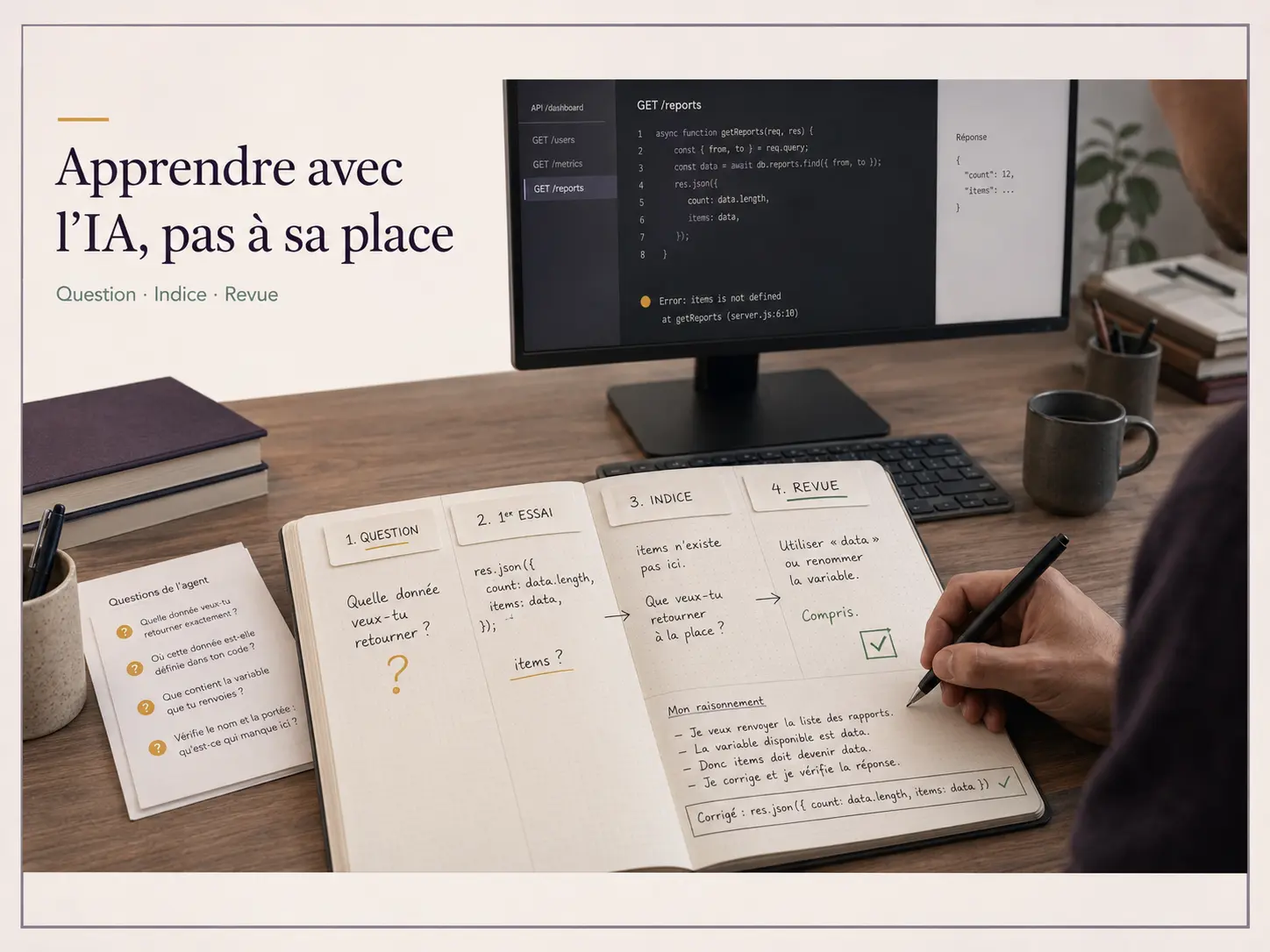 Interface de discussion avec un agent IA guidant un développeur sur du code React et TypeScript